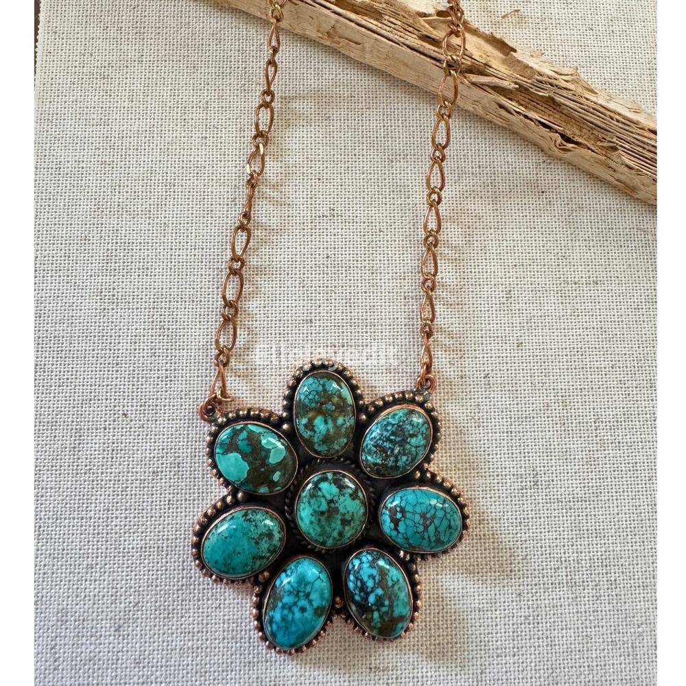 NWT Hubei Turquoise Flower Pendant Necklace Copper Western Boho